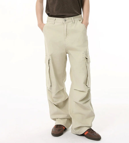 Men's Cargo Pants New Summer American High Street Stylish Pleated Straight Leg Large Pockets Design Male Trousers 9W1691