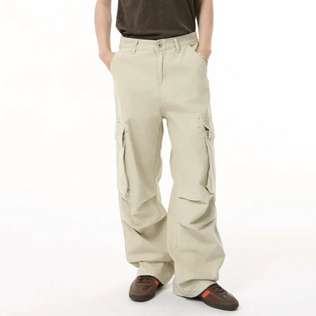 Men's Cargo Pants New Summer American High Street Stylish Pleated Straight Leg Large Pockets Design Male Trousers 9W1691