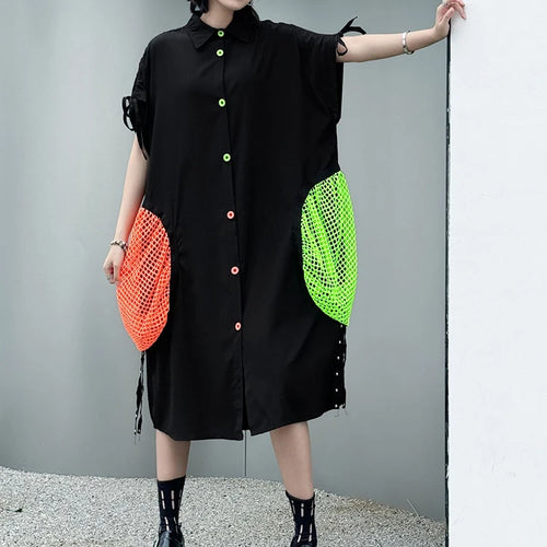 Load image into Gallery viewer, Women Black Color-block Grid Pocket Big Size Shirt Dress New Lapel Short Sleeve Fashion Tide Spring Summer 2025 1DJ1332
