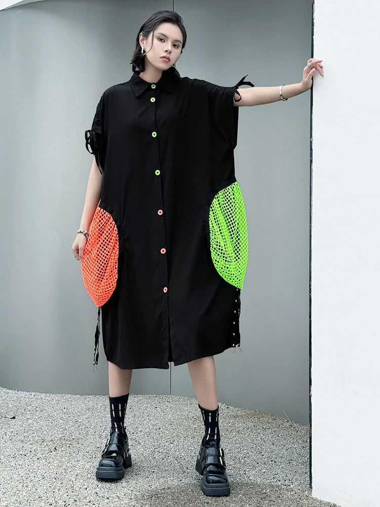 Women Black Color-block Grid Pocket Big Size Shirt Dress New Lapel Short Sleeve Fashion Tide Spring Summer 2025 1DJ1332