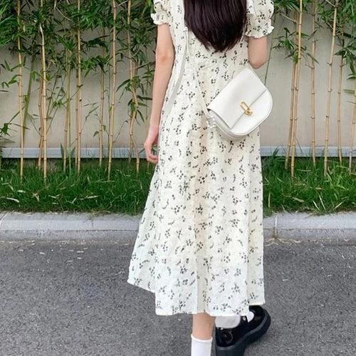 Load image into Gallery viewer, French Style Puff Sleeve White Floral Dress Summer Elegant Slim Printed Women’s Dresses Sweet Casual Fashion Streetwear
