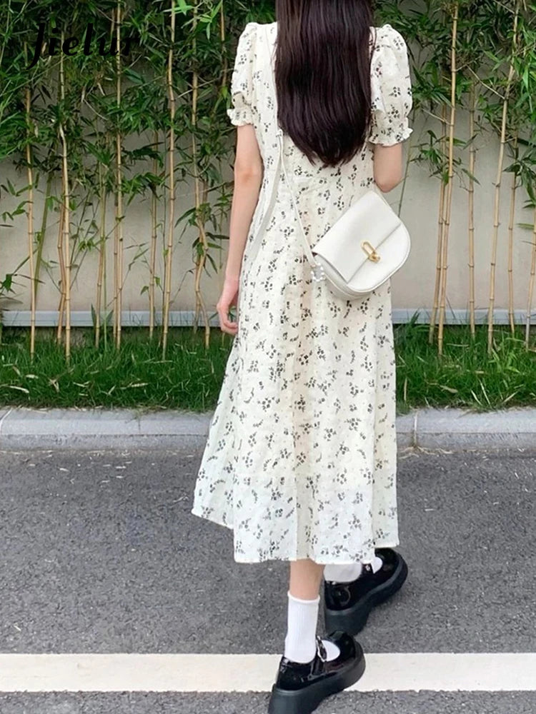 French Style Puff Sleeve White Floral Dress Summer Elegant Slim Printed Women’s Dresses Sweet Casual Fashion Streetwear