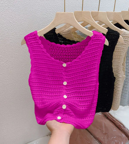 Women Loose Sweater Vest Hollow Out Knitted Patchwork Sleeveless Pullovers Female Summer Casual Crop Top Y2k