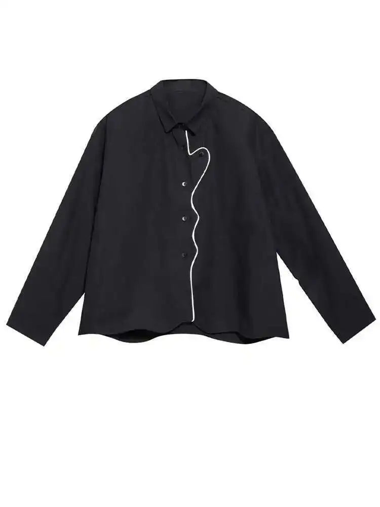 Women Black Color-block Big Size Blouse New Lapel Long Sleeve Loose Fit Shirt Fashion Tide Spring Autumn 2025 1DH0843