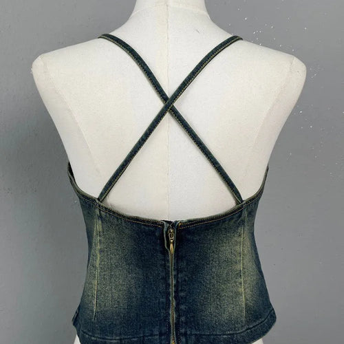 Load image into Gallery viewer, Sexy Spliced Rivet Denim Tank Tops Square Collar Sleeveless Off Shoulder Backless Bandage Slimming Vest Female Summer New
