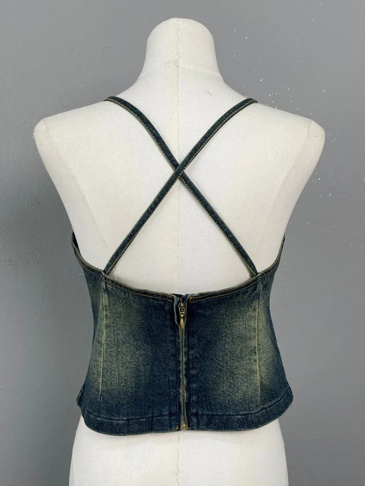 Sexy Spliced Rivet Denim Tank Tops Square Collar Sleeveless Off Shoulder Backless Bandage Slimming Vest Female Summer New