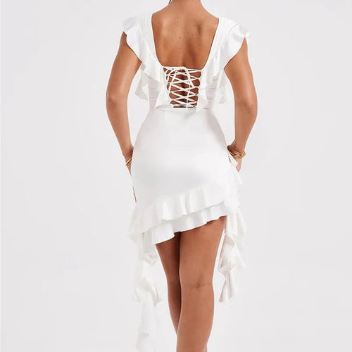 Load image into Gallery viewer, Deep V Neck Backless Draped Ruffle Mini Dress For Women Fashion Sleeveless Bodycon Club Party Sexy Dress Elegant
