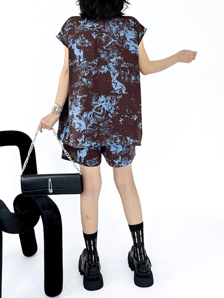 Blue Coffee Shirt Wide Leg Shorts Two Piece Suit New Lapel Short Sleeve Women Fashion Tide Spring Summer 2025 1DJ1467