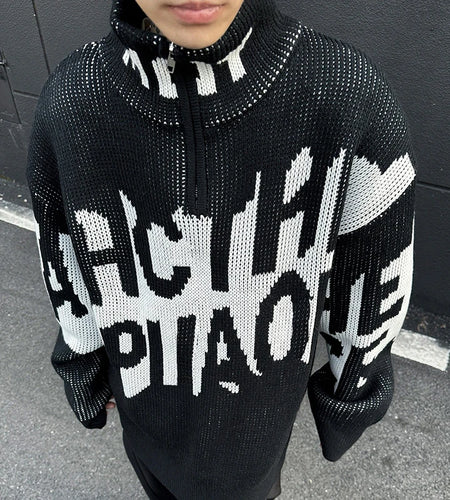 Letter Half Zipper Sweater Men Women Winter American Trendy Streetwear Casual Loose Knitted Sweaters Pullover 9C9255