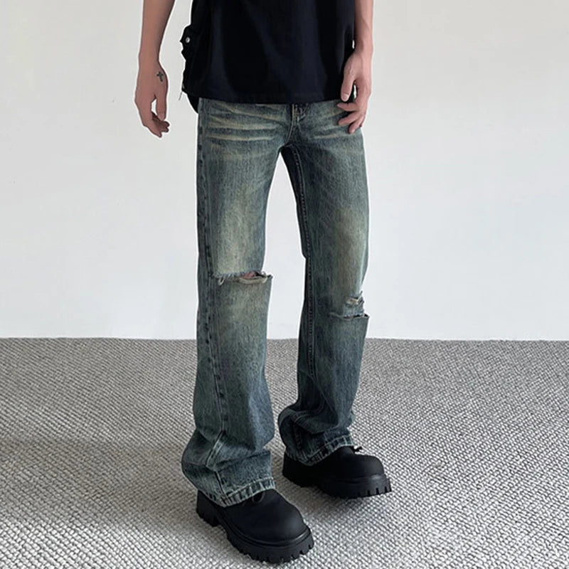 Hole Male Jeans American Stylish Cleanfit Denim Pants New Spring Summer High Street Micro Flared Trendy Toursers 9W1427