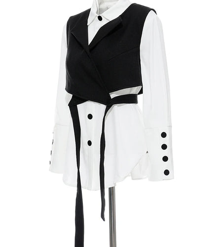 Women Black Bandage Vest Two Piece Blouse New Lapel Long Sleeve Loose Fit Shirt Fashion Tide Spring Autumn 2025 JR675