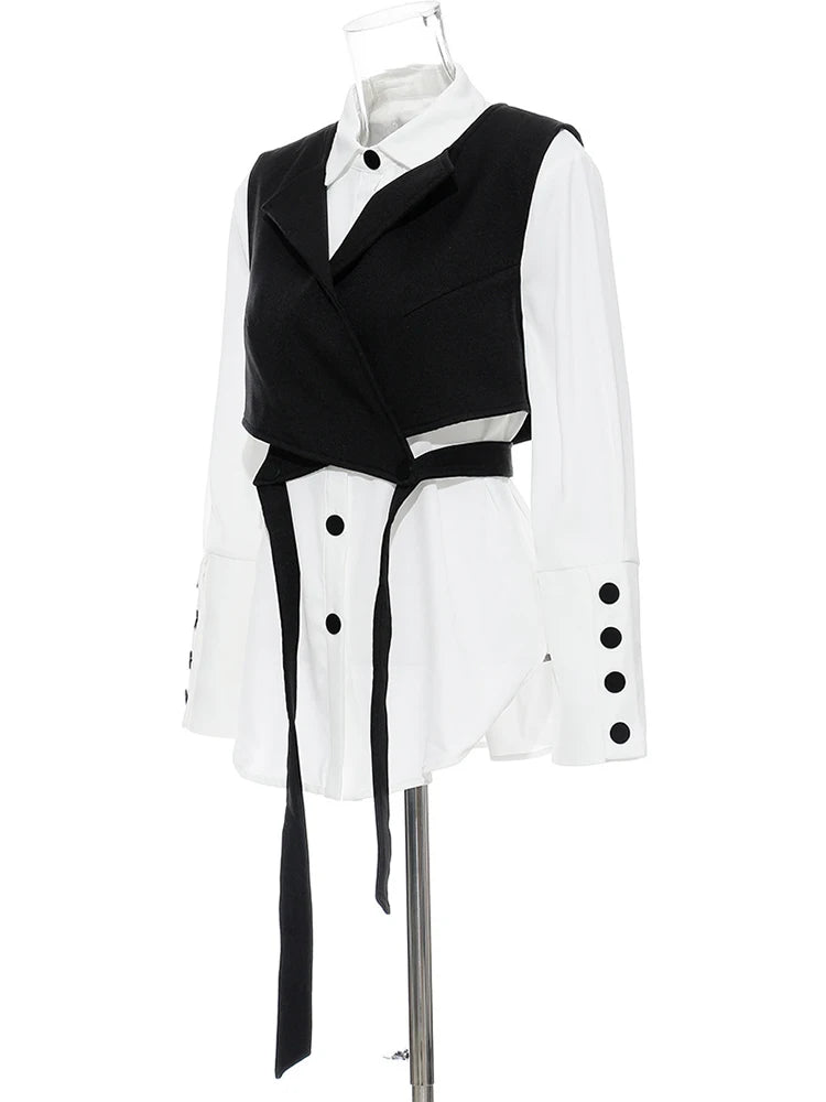 Women Black Bandage Vest Two Piece Blouse New Lapel Long Sleeve Loose Fit Shirt Fashion Tide Spring Autumn 2025 JR675