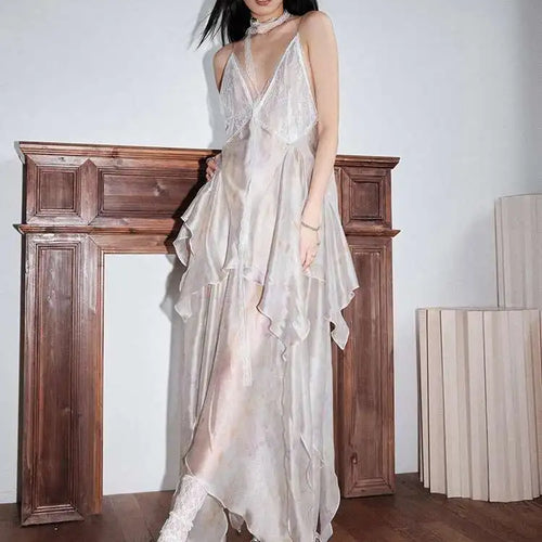 Load image into Gallery viewer, Women Lace Perspective Irregular Elegant Long Party Dress New V-Neck Sleeveless Fashion Tide Spring Summer 2025 1DH7527
