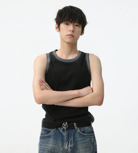 Simple Slim Men's Pullover Tank Tops Round Neck Sleeveless Male Casual Clothing New Summer Trend Contrast Color 9C6151