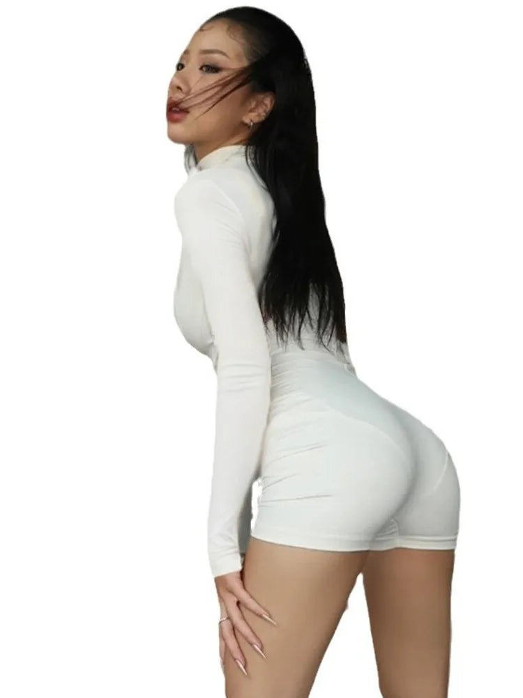 Fashion Long Sleeved Elastic Tight Women 2025 Spring Playsuit Splicing Half High Neck Slim Casual Sporty Female Rompers