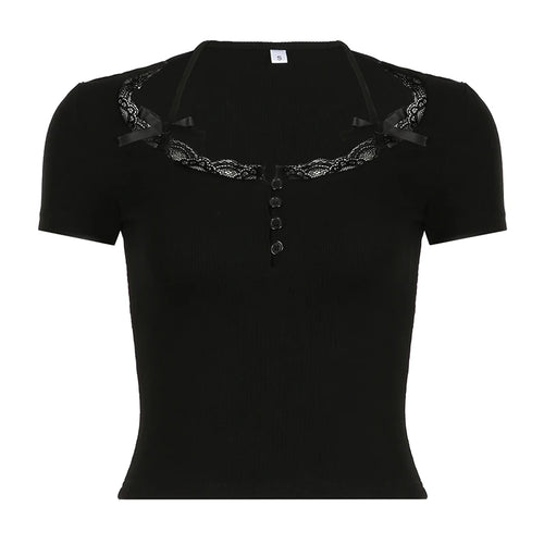 Load image into Gallery viewer, Korean Style Fitness Black Baby Tee Halter Lace Spliced Basic Crop Tops Women Buttons Bow Summer T-shirts Girls Y2K
