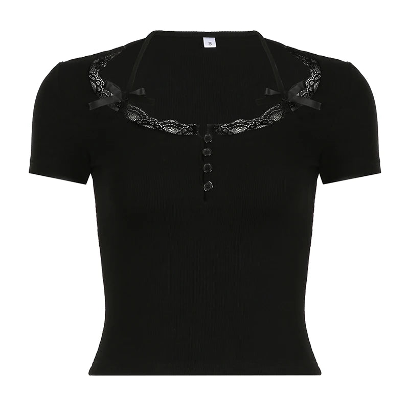 Korean Style Fitness Black Baby Tee Halter Lace Spliced Basic Crop Tops Women Buttons Bow Summer T-shirts Girls Y2K