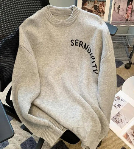 Korean 2024 New Women Gray Letter Patchwork Bow Crochet Sweater Autumn Winter Pink Knitted Loose Round Neck Pullover Tops Casual