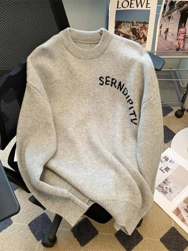 Korean 2024 New Women Gray Letter Patchwork Bow Crochet Sweater Autumn Winter Pink Knitted Loose Round Neck Pullover Tops Casual