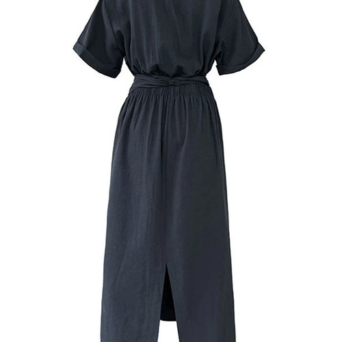 Load image into Gallery viewer, Women Navy Blue Cross Bandage Big Size Elegant Midi Dress New Round Neck Short Sleeve Fashion Spring Summer 2025 1DJ1359
