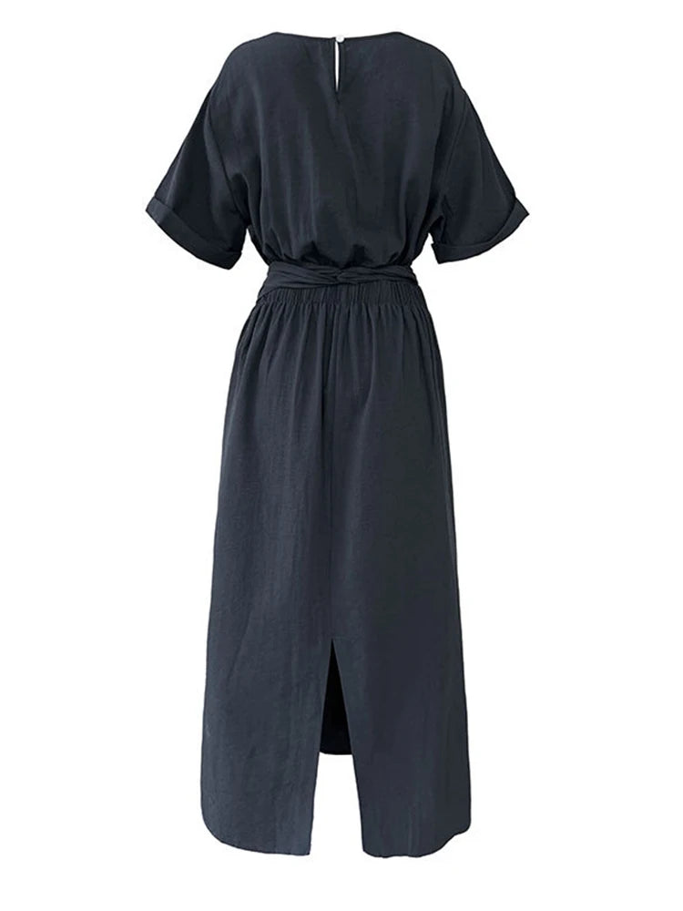 Women Navy Blue Cross Bandage Big Size Elegant Midi Dress New Round Neck Short Sleeve Fashion Spring Summer 2025 1DJ1359