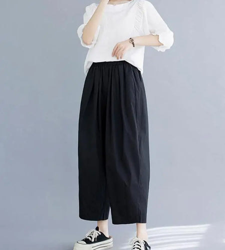 Korean Version Women Summer Black Beige Casual Loose Elastic High Waist Cotton Pocket Ankle-length Harem Pant Brown Oversized