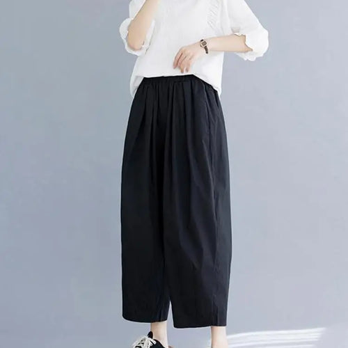 Load image into Gallery viewer, Korean Version Women Summer Black Beige Casual Loose Elastic High Waist Cotton Pocket Ankle-length Harem Pant Brown Oversized
