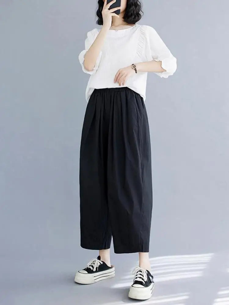 Korean Version Women Summer Black Beige Casual Loose Elastic High Waist Cotton Pocket Ankle-length Harem Pant Brown Oversized