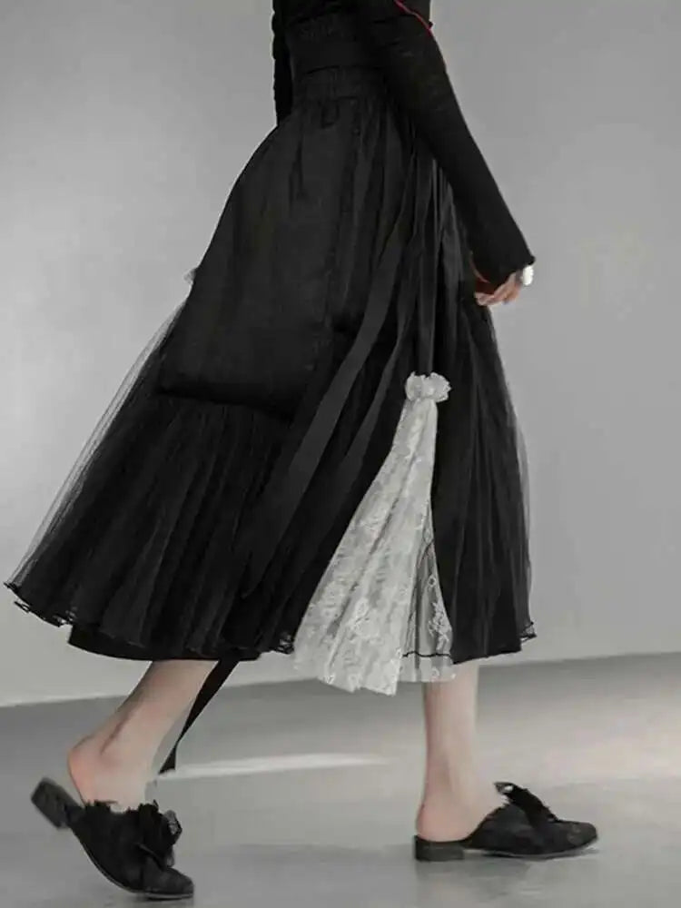 High Elastic Waist Black White Mesh Asymmetrical Half-body Skirt Women Fashion Tide New Spring Autumn 2025 1DD6027