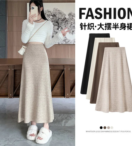Vintage Fashion 2024 Women Autumn Winter Solid Festival Woolen Long Skirt Korean Style Temperament High Waist Knit Skirt Popular