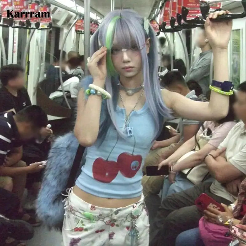 Japanese Y2k Tank Top Vintage Harajuku Ribbbed Top Trashy 2000s Zipper Tanktop Grunge Aesthetics Crop Top American Retro