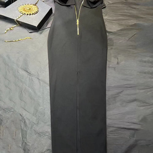 Load image into Gallery viewer, Black Slimming Spliced Metal Buckle Fashion Dresses for Women Strapless Sleeveless Long Dress Female Clothing New
