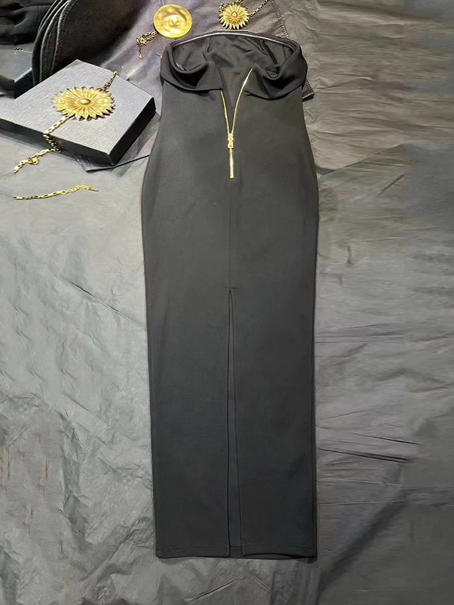 Black Slimming Spliced Metal Buckle Fashion Dresses for Women Strapless Sleeveless Long Dress Female Clothing New