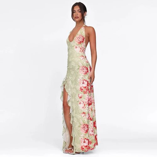 Load image into Gallery viewer, Halter Backless Print Sexy Maxi Dress Women Deep V Neck Sleeveless Thigh High Split Ruffled Sexy Club Beach Long Dress
