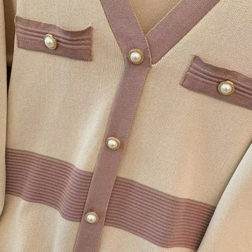 Load image into Gallery viewer, Autumn Winter Beige Single Breasted Long Sleeves Knitted Dress French Women V-neck Elegant Office Ladies Dress Casual Streetwear
