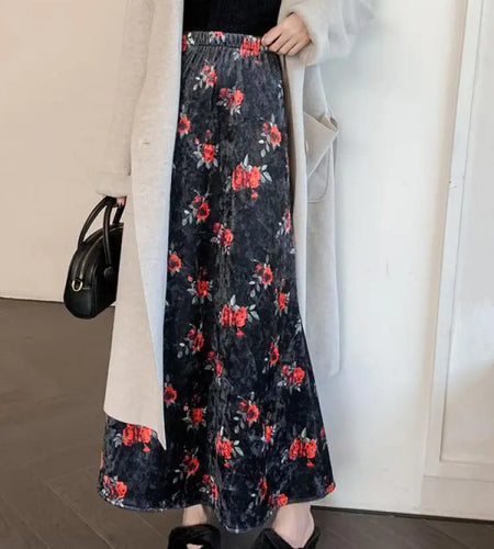 Retro Brown Floral Elegant Party Long Skirt Black Print Elastic High Waist Velvet Skirts Autumn Winter All-match Fashion Women