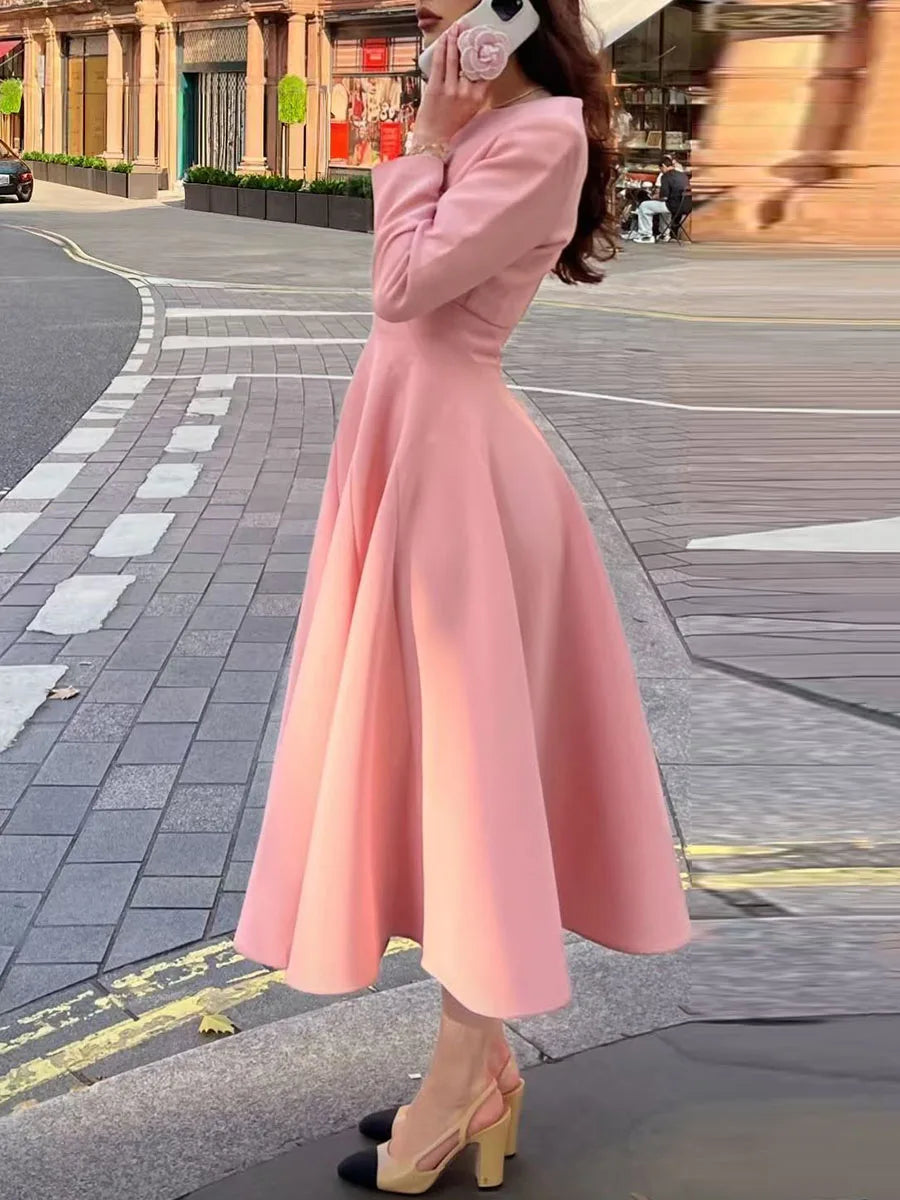 Solid Elegant Two Piece Sets for Women Round Neck Long Sleeves Top Square Neck Sleeveless Tunic Dress Female Clothes