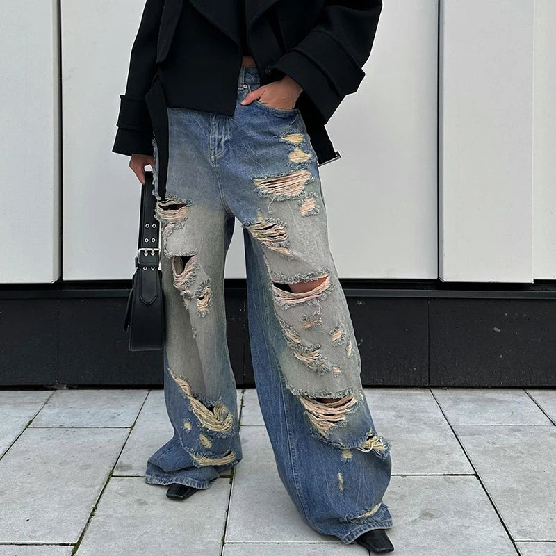 Streetwear Grunge Straight Leg Ripped Jeans Women Hole Distressed Harajuku Baggy Pants Full Length Denim Trousers New