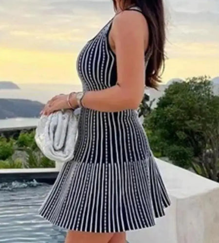 Korean Fashion Summer Striped Elegant Square Neck Slim Vest Short Dresses For Women Sleeveless Sexy Mini Dress 2025 Casual Trend
