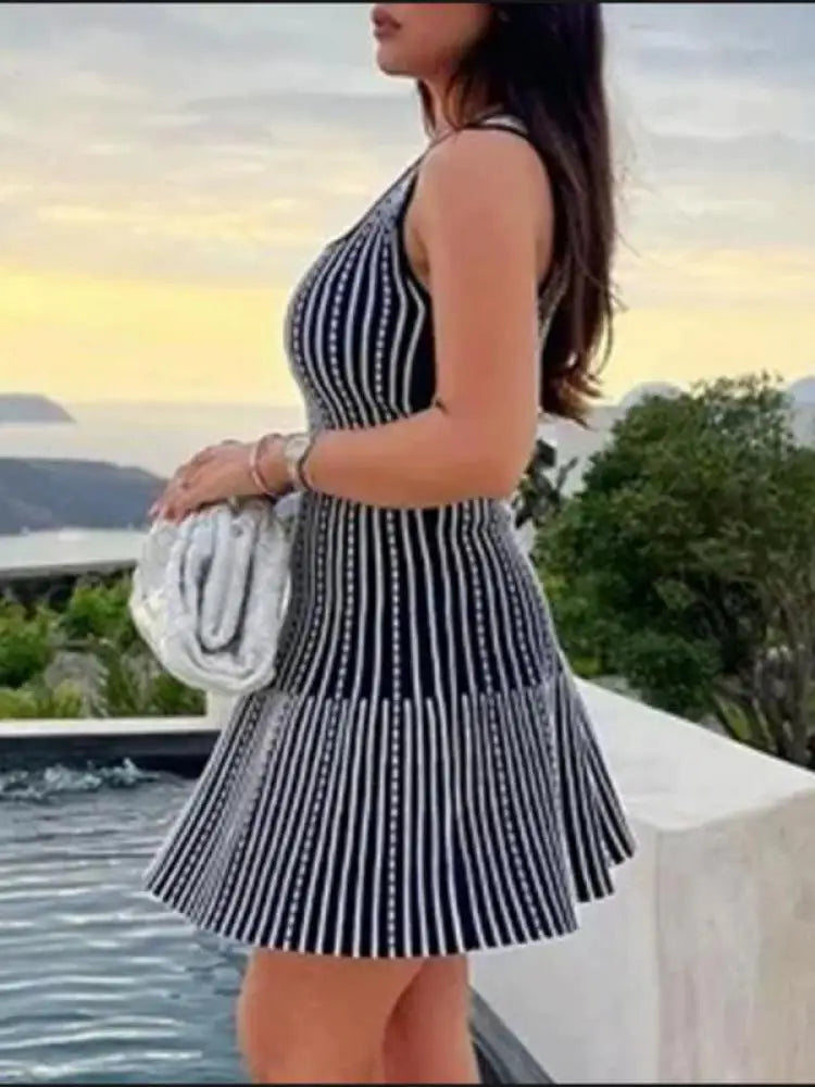 Korean Fashion Summer Striped Elegant Square Neck Slim Vest Short Dresses For Women Sleeveless Sexy Mini Dress 2025 Casual Trend