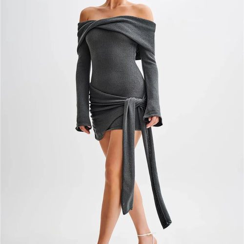 Load image into Gallery viewer, Off-shoulder Knit Mini Dress For Women Autumn Winter New Strapless Backless Long Sleeve Ruched Draped Knitted Dress
