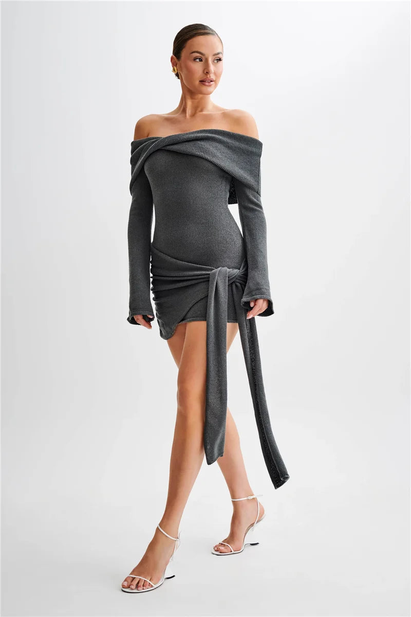Off-shoulder Knit Mini Dress For Women Autumn Winter New Strapless Backless Long Sleeve Ruched Draped Knitted Dress