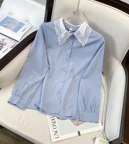 Spring Blue Patchwork Lace Shirt Women Elegant Doll Collar Long Sleeved Blouses Korean Preppy Style Button Cute Tops Retro Trend
