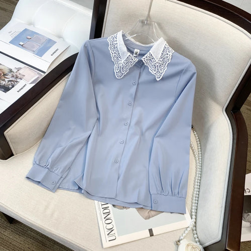Load image into Gallery viewer, Spring Blue Patchwork Lace Shirt Women Elegant Doll Collar Long Sleeved Blouses Korean Preppy Style Button Cute Tops Retro Trend
