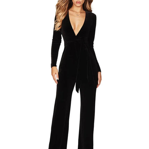 Load image into Gallery viewer, Fashion Re Velvet Elastic Slim  Women Jumpsuit Deep V-belt Jumpsuit Casual Korean Long Sleeved Jumpsuit Autumn Winter
