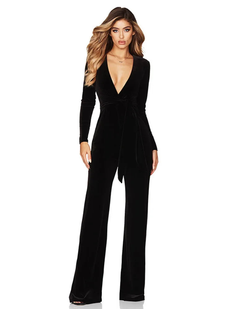 Fashion Re Velvet Elastic Slim  Women Jumpsuit Deep V-belt Jumpsuit Casual Korean Long Sleeved Jumpsuit Autumn Winter