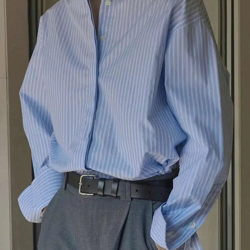 Load image into Gallery viewer, Women Blue Striped Vintage Big Size Blouse New Lapel Long Sleeve Loose Fit Shirt Fashion Tide Spring Autumn 2025 1DH1021
