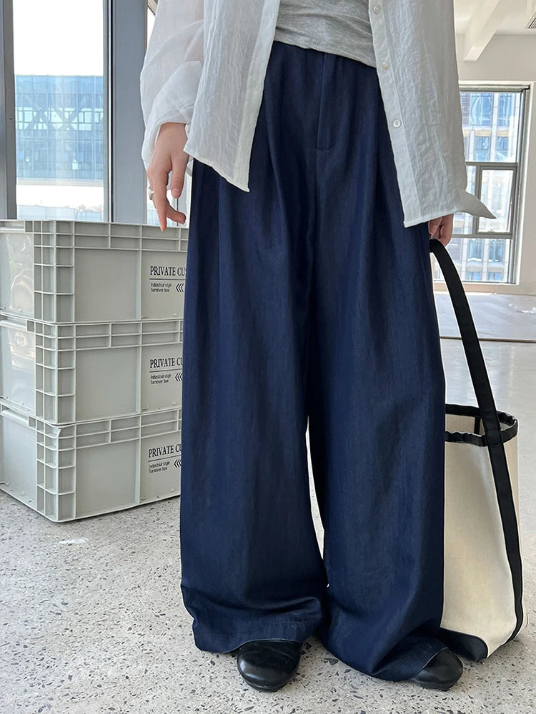 High Waist White Blue Brief Pocket Casual Long Wide Leg Pants New Trousers Women Fashion Tide Spring Autumn 2025 1DJ1357
