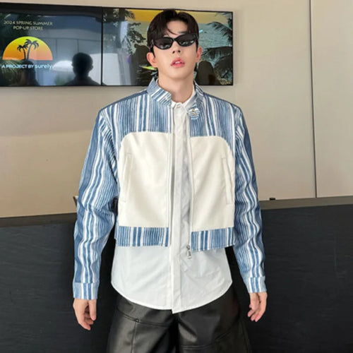 Load image into Gallery viewer, Korean Style Men&#39;s PU Leather Spliced Striped Short Jackets Male Contrast Color Loose Coats 2024 Autumn Fashion 9C6974
