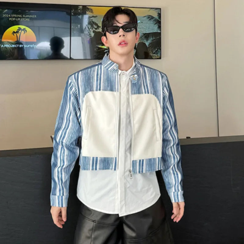 Korean Style Men's PU Leather Spliced Striped Short Jackets Male Contrast Color Loose Coats 2024 Autumn Fashion 9C6974